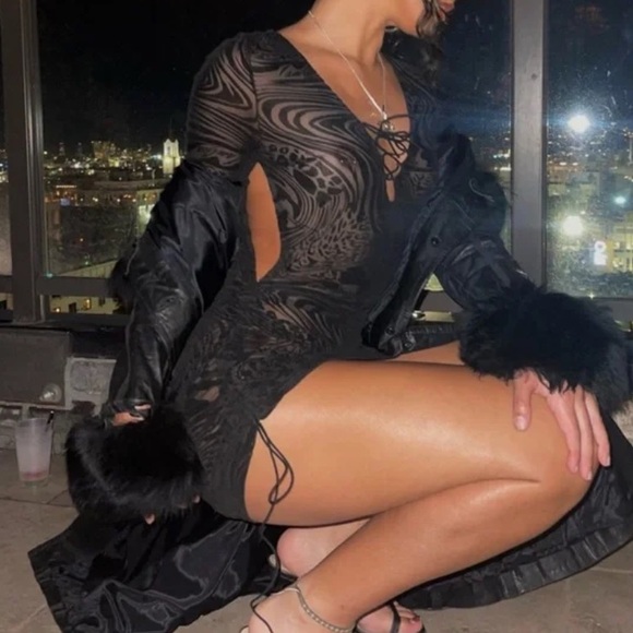 I.AM.GIA Amina Black Sheer Animal Print Lace Up Mini Dress Flare Sleeve Small - Picture 2 of 10